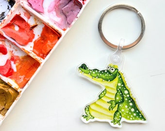 Alligator Crocodile Green Keychain – Funny Watercolor Reptile Vinyl Animal Lover Accessory
