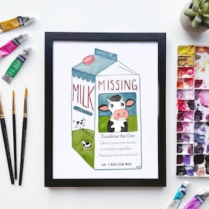Missing Moo Milk Carton Watercolor Print | Funny Cow Art | Whimsical Farmhouse Kitchen Decor | Barnyard Animal Gift | 5x7 & 8.5x11