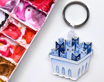 Blueberry Cat Keychain – Cat Lover Gift - Funny Cat Keychain - Cute Blue Cat Fruit  Watercolor Accessory - Unique Blueberry Multiple Cat