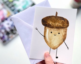 Acorn Watercolor Greeting Card | Fall and Winter Oak Tree Note Card | Acorn Nature Stationery | Woodland Acorn Card