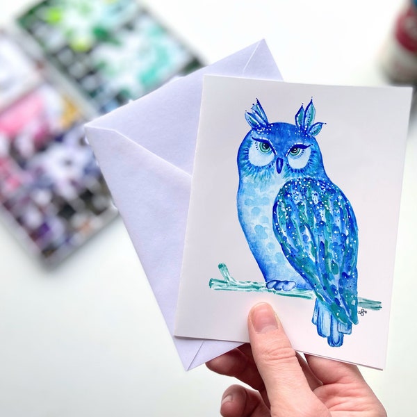 Blue Owl Watercolor Greeting Card: great horned owl lover stationary