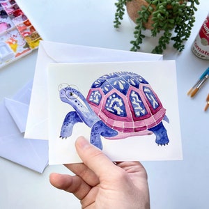 Purple Turtle Watercolor Greeting Card – Sea Turtle Lover Notecard, Coastal Animal Stationery, Cute Ocean Reptile Card, Beach Gift Shop Card