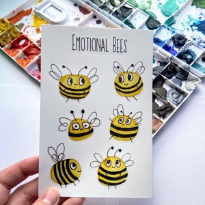 Emotional Bees Watercolor Sticker Sheet | Yellow Bumble Bee Honeybee Art Sticker | Weatherproof Waterproof Vinyl Sticker | Cute Animal Art