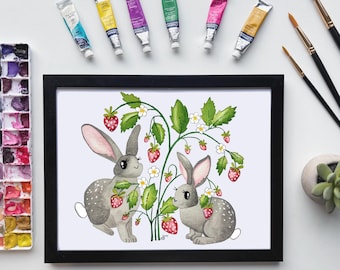 Rabbit Strawberry Patch Watercolor Print – Sweet Bunny Wall Art, Whimsical Spring Nursery Decor