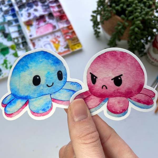 Flip Octopus Stuffed Animal Watercolor Sticker: matching stickers for couple, bff, best friends, boyfriend and girlfriend, octopus sticker