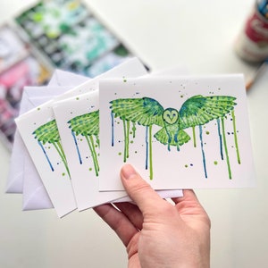 Green Barn Owl Flying Greeting Card – Watercolor Owl Notecard, Great Horned Owl Stationery, Whimsical Owl Lover Gift