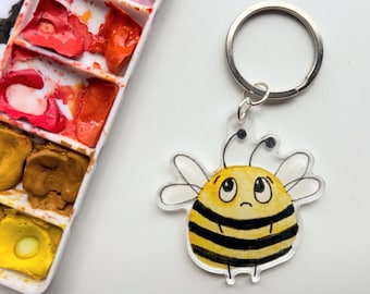 Sad Bumblebee Keychain – Cute Yellow Bee Watercolor Art Vinyl Beekeeper Gift
