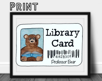 Library Card Bear with Book Watercolor Print: Library Bear Reading a Book Print