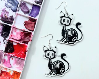 Skeleton Cat Earrings: skeleton cat halloween earrings, skeleton cat jewelry, Halloween jewelry, Cat earrings, spooky cat earrings, black