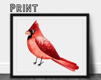 Watercolor Print: Red Cardinal Winter Bird