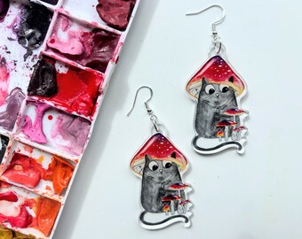 Mushroom Cat Earrings | Red Mushroom Jewelry | Black Cat Accessory | Mushroom Cat Jewelry | Dangle Drop Earring Gift for Black Cat Lover