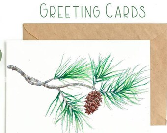 Pine Branch Christmas Winter Watercolor Greeting Card, Note Card, Stationary: pine tree bough branch christmas card tree card evergreen