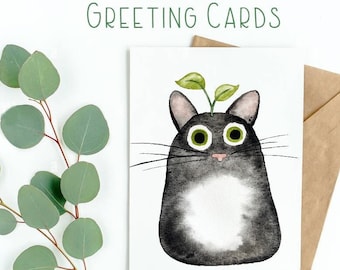 Black Tuxedo Cat Watercolor Greeting Card, Note Card, Stationary : cat lover cartoon black cat greeting card