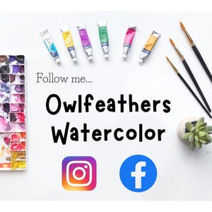 K&ouml;nnte beinhalten: Eine Aquarellpalette mit einer Vielzahl von Farben, Tuben mit Aquarellfarben, Pinseln und einer kleinen Sukkulente im Topf. Der Text "Owlfeathers Watercolor" und "Follow me..." ist auf dem Bild zu sehen. Social-Media-Icons f&uuml;r Instagram und Facebook sind ebenfalls enthalten.