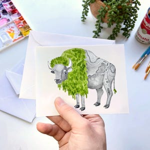 Bison Stone and Moss Watercolor Greeting Card – National Parks Wildlife Note Card, Buffalo Outdoorsman Stationery, Western Nature Card