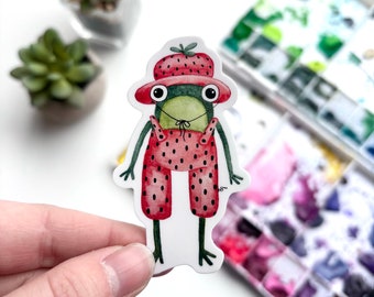 Strawberry Frog in Overalls Watercolor Sticker – Weatherproof Vinyl Amphibian Art