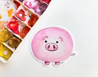 Round Pig Watercolor Sticker – Weatherproof Vinyl Pink Farm Animal Art