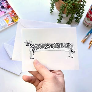 Long Cow Watercolor Greeting Card – Funny Farm Animal Note Card, Black and White Cow Stationery, Cute Cow Gift Card