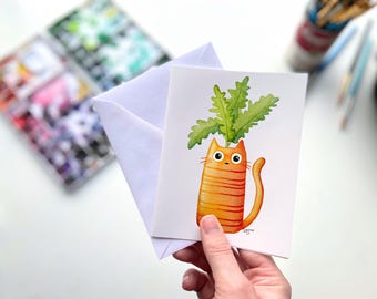 Carrot Cat Watercolor Greeting Card – Funny Gardening Note Card, Orange Cat Vegetable Stationery, Cute Cat Food Card