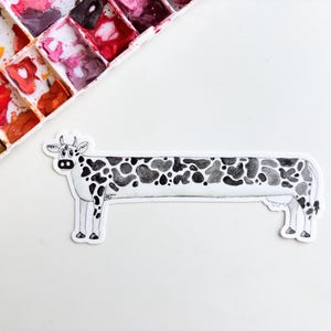 Funny Long Cow Watercolor Sticker | Wraparound Water Bottle Farm Animal Art Sticker | Waterproof Weatherproof Vinyl Sticker | Cow Lover Gift