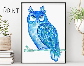 Watercolor Print: Blue Owl Painting Wall Art for Owl Lover Gift