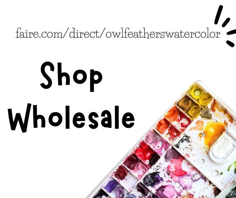 K&ouml;nnte beinhalten: Eine Aquarell-Farbpalette mit einer Vielzahl von Farben, darunter Rot, Orange, Gelb, Gr&uuml;n, Blau, Lila und Braun. Die Palette ist aus Kunststoff und hat einen wei&szlig;en Hintergrund. Der Text "Shop Wholesale" ist im Bild sichtbar. Die Website-Adresse "faire.com/direct/owlfeatherswatercolor" ist ebenfalls sichtbar.