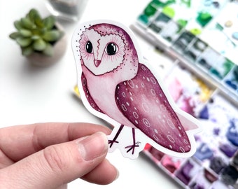 Pink Barn Owl Watercolor Sticker – Weatherproof Vinyl Pink Bird Art - Cute Barn Owl Sticker