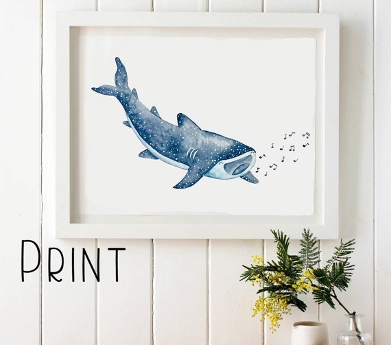 Singing Whale Shark Wayercolor Print - Music Teacher Gift Singing Song Painting - Whale Shark Gift - Ocean Animal Decor Watercolor