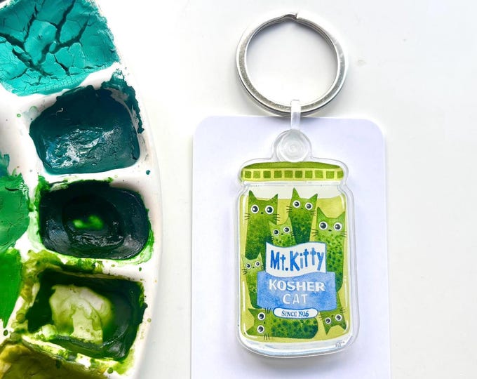 Cat Pickle Jar Keychain – Funny Green Pickle  Cat Art