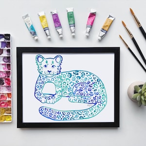Watercolor Print: Snow Leopard, blue big cat winter wall art, zoo animal wall art