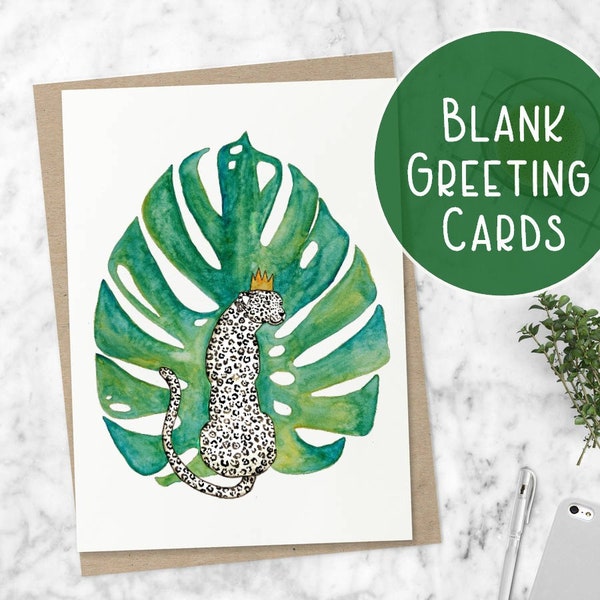 Monstera Leaf Botanical White Jaguar Watercolor Greeting Card, Note Card, Stationary: jungle leaf white jaguar print nature monstera plant