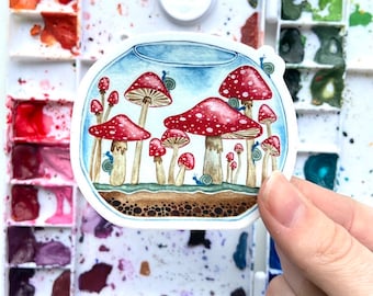 Mushroom Terrarium Watercolor Sticker – Weatherproof Vinyl Red Toadstool Art