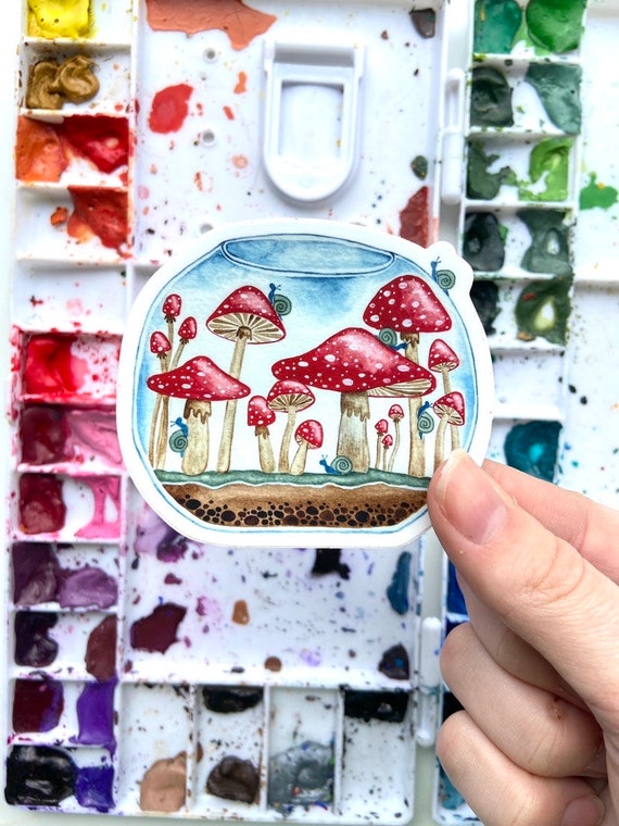 Mushroom Terrarium Watercolor Sticker – Weatherproof Vinyl Red Toadstool Art
