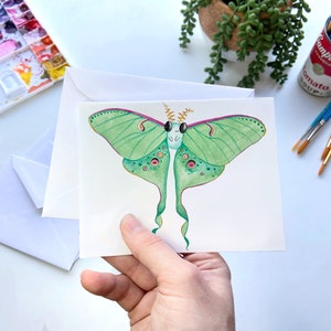 Luna Moth Butterfly Greeting Card – Watercolor Moth Notecard, Whimsical Insect Stationery, Nature-Inspired Luna Moth Art Card
