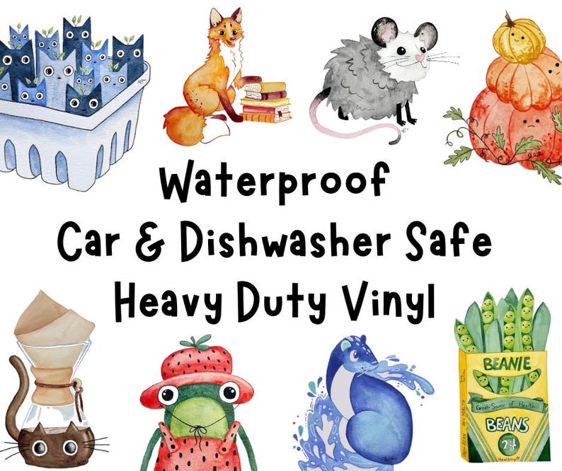 K&ouml;nnte beinhalten: Ein Set aus bunten Vinyl-Aufklebern mit verschiedenen niedlichen Comic-Tieren, darunter ein Fuchs, ein Opossum, ein Frosch, eine Katze und eine Bohnenschote. Die Aufkleber sind wasserdicht und sp&uuml;lmaschinenfest, perfekt um jeder Oberfl&auml;che einen Hauch von Verspieltheit zu verleihen. Der Text "Waterproof Car & Dishwasher Safe Heavy Duty Vinyl" ist auf dem Bild zu sehen.