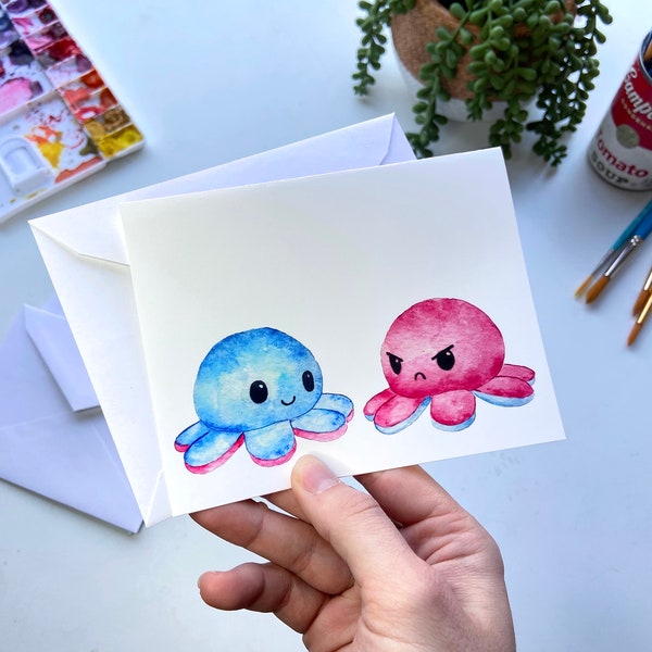 Octopus Plushie Valentine's Day Anniversary Wedding Watercolor Greeting Card, Note Card: flip octopus toy card