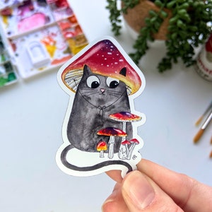 Mushroom Cat Watercolor Sticker | Black Cat & Red Mushroom Art Sticker | Mushroom Black Cat Weatherproof Waterproof Vinyl Sticker| Cute Cat