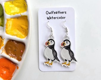 Puffin Earrings | Puffin Bird Jewelry | Watercolor Puffin Art | Penguin Lover Gift | Seabird Dangle Earrings
