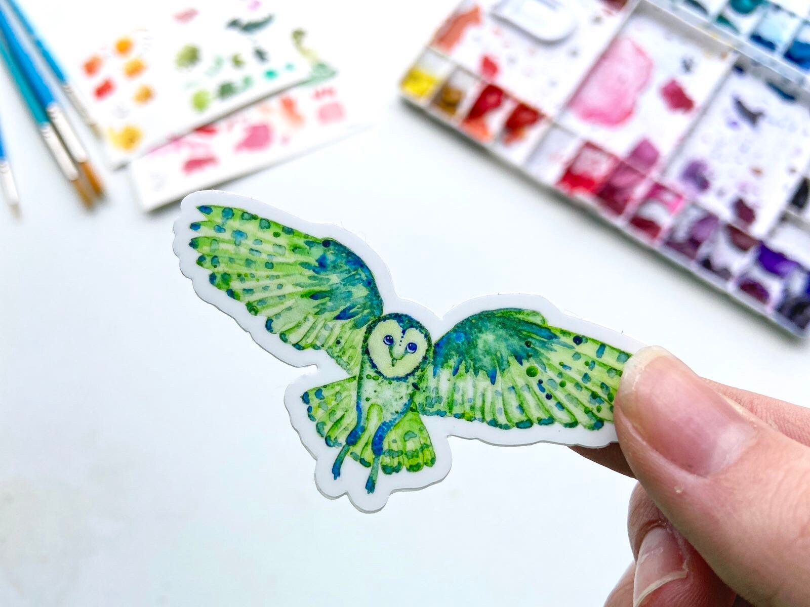 Whimsical Barn Owl Watercolor Sticker | Green Flying Barn Owl Art Sticker | Weatherproof Waterproof 