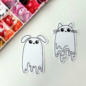 Ghost Cat and Dog Watercolor Stickers | Black and White Cartoon Ghost Dog and Ghost Cat Art Stickers | Weatherproof Waterproof Vinyl Sticker