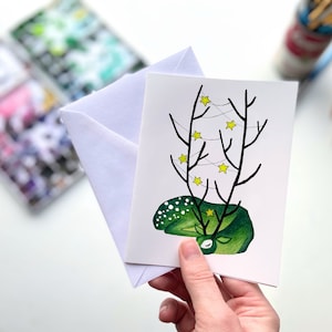 Sleeping Deer Watercolor Greeting Card – Cute Winter Reindeer Notecard, Baby Shower or Christmas Stationery, Green Antler Deer Card