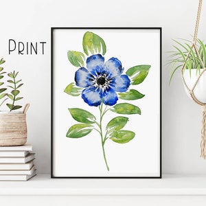 Blue Bloom Stemmed Flower Watercolor Print | Blue Flower Stem Garden Wall Art | Blue Anemone Botanical Glossy Print | 5x7 and 8.5x11 Giclee