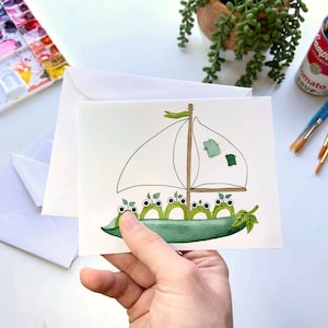 Silly Frogs on a Green Bean Boat Greeting Card | Funny Frog Sailing Notecard | Boating Green Frog Stationary | Funny Frog Vegetable Cards