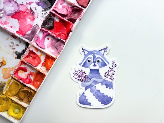 Lavender Raccoon Watercolor Sticker – Weatherproof Vinyl Woodland Animal Art