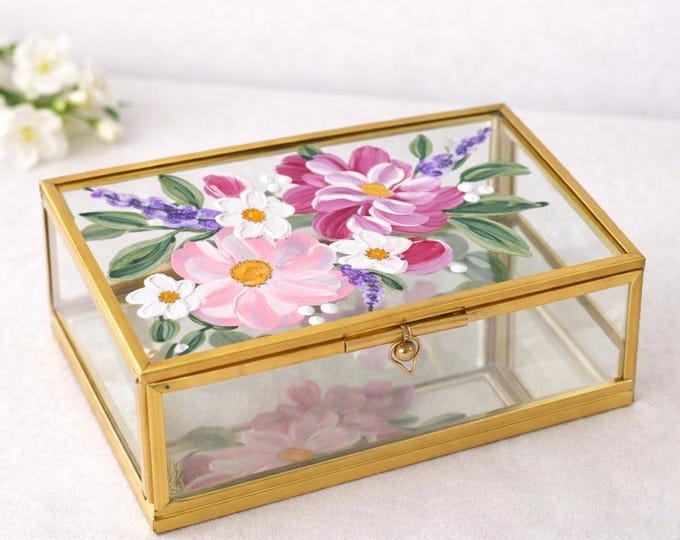 Hand-Painted Floral Glass Jewelry Box | Gold Trim Keepsake Trinket Box