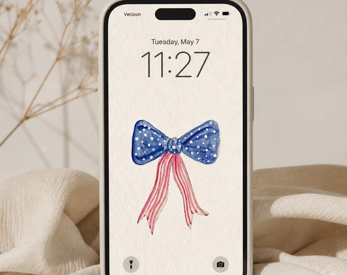 Americana Watercolor Phone Background Bundle | Patriotic Bow, Hydrangeas & Flag Art | Cottage core | Hand painted