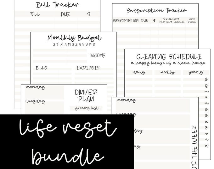 Life Reset Planner Bundle | Budget Planner, Debt Tracker, Cleaning Checklist, Weekly Planner Printable PDF