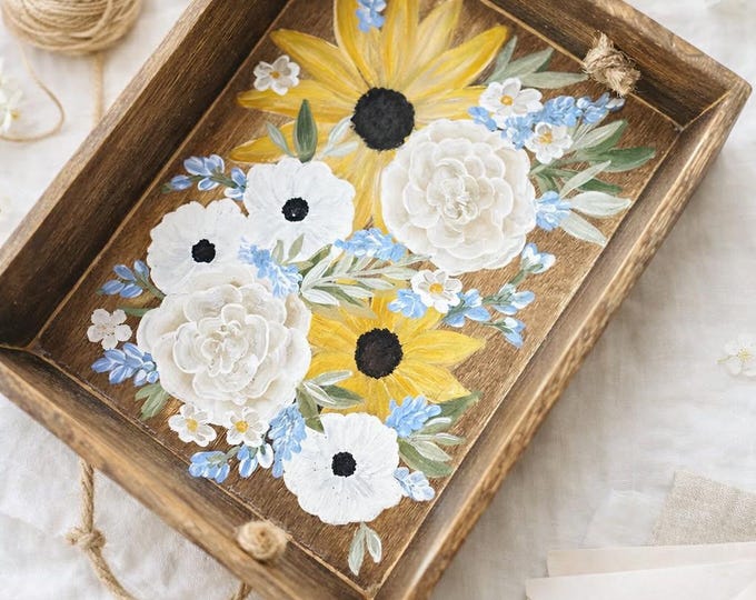 Hand-Painted Floral Wooden Tray | Sunflower & White Wildflower Decor | Cottagecore Home Accent | Rustic Farmhouse Tray