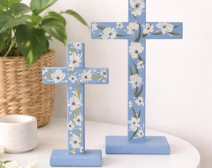 Hand-Painted Floral Cross Set | Blue Christian Home Decor