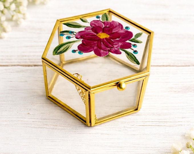 Hand-Painted Floral Glass Jewelry Box | Gold Trim Keepsake Trinket Box